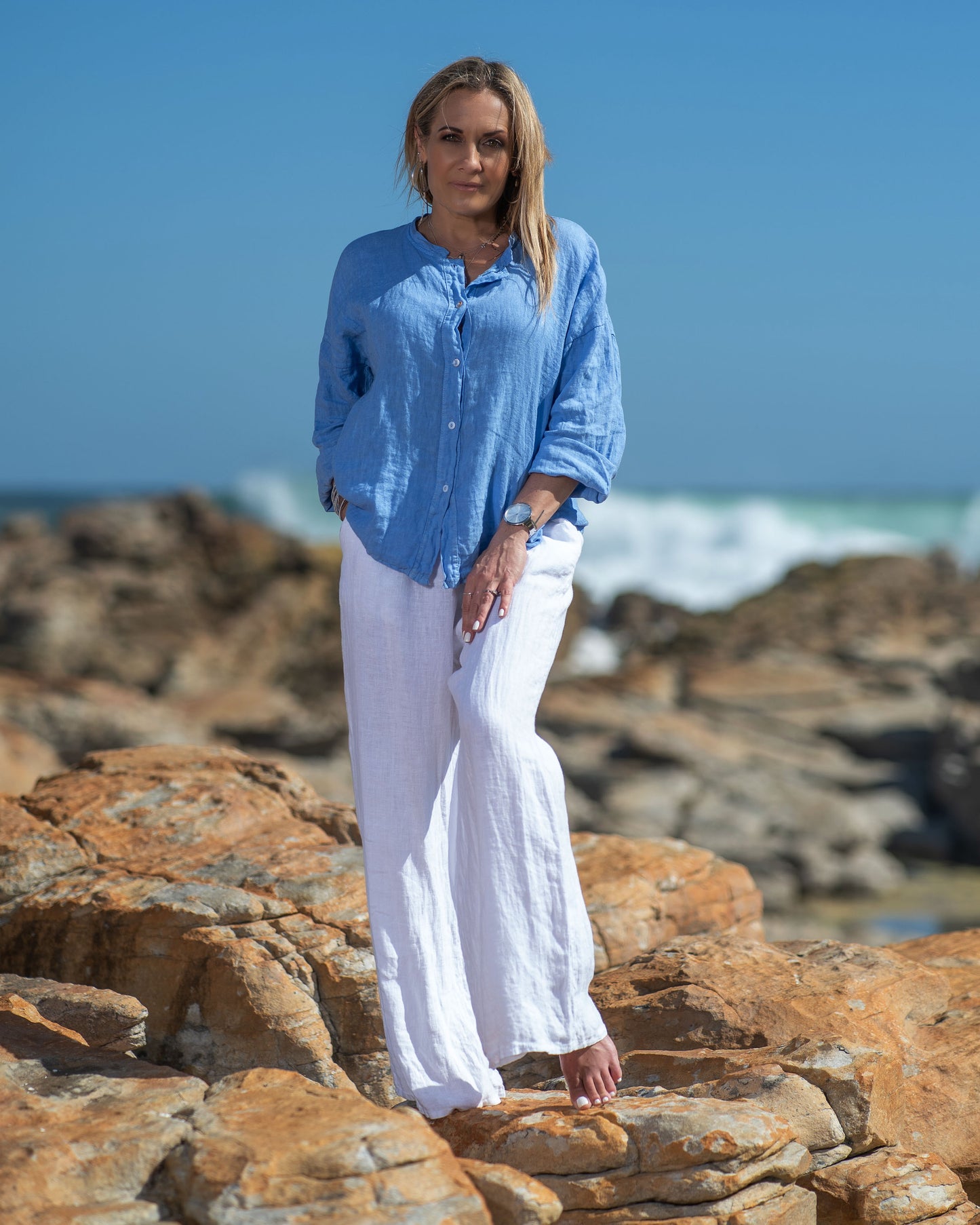 This beautiful linen top makes us all excited for summer, just around the corner! A celebration of delicate charm and timeless elegance. This top is designed to envelop you in the soft hues of summer and enhance your natural grace with its thoughtfully crafted design