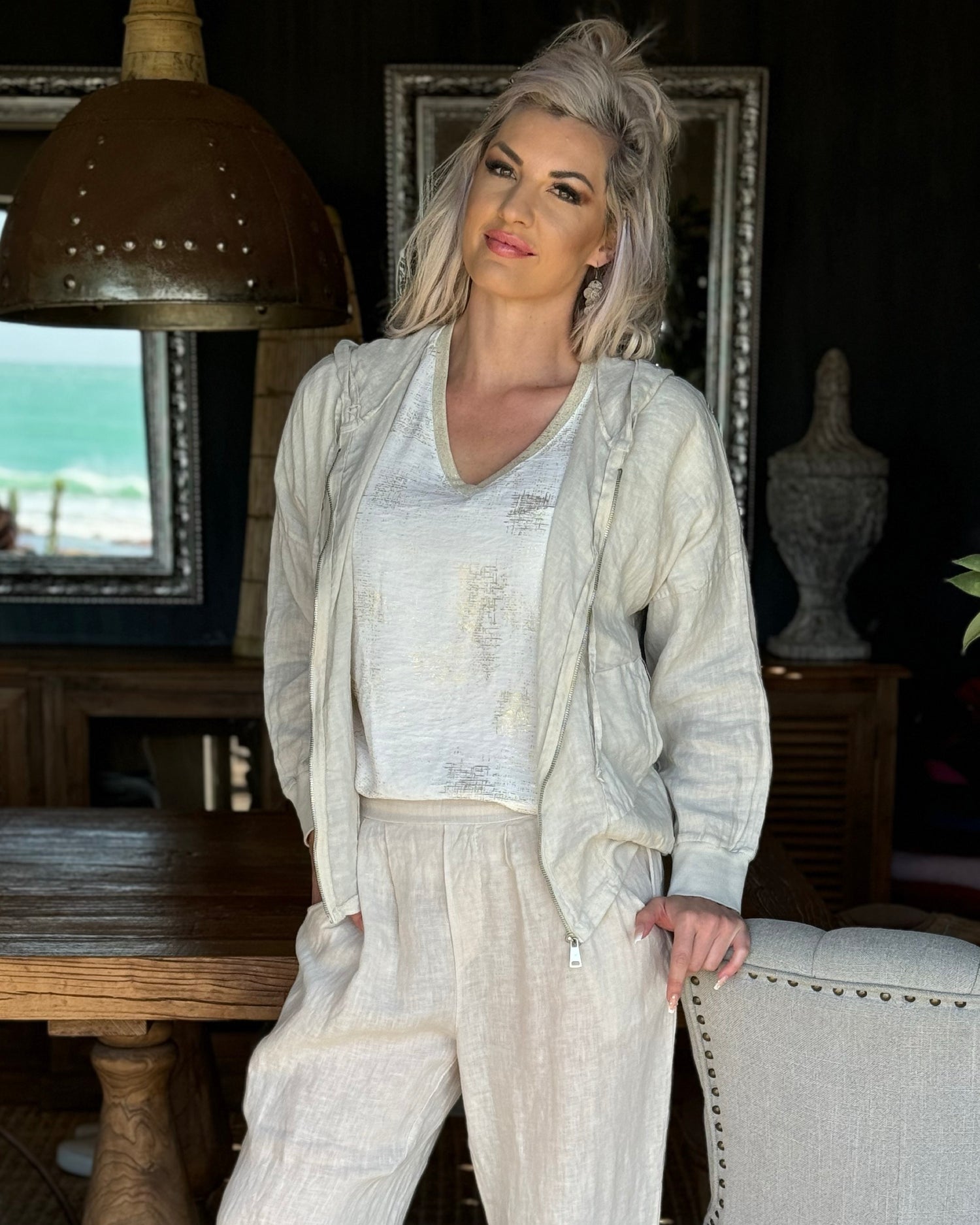 Linen Essence Hoodie Jacket | Beige