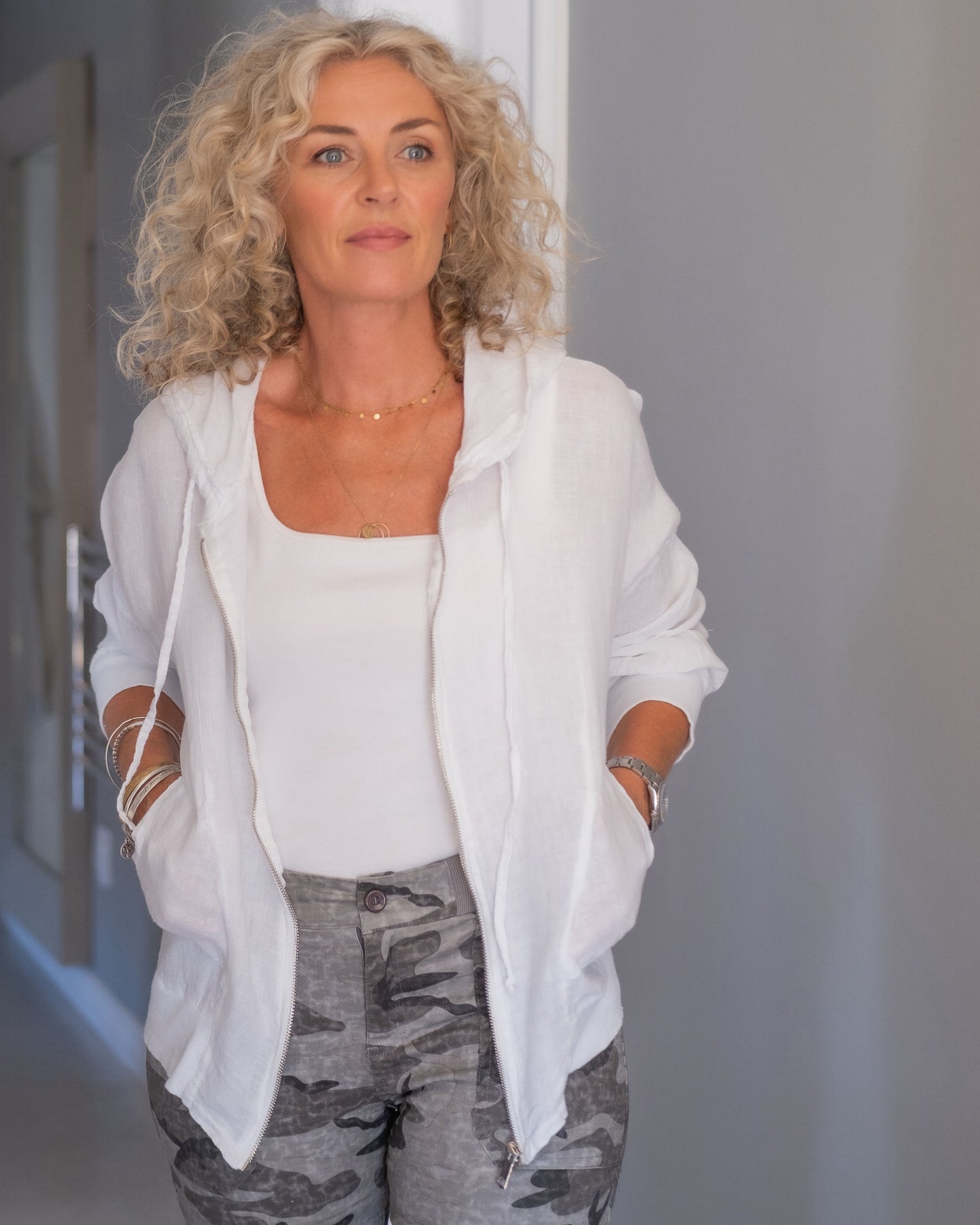 Linen Essence Hoodie Jacket | White