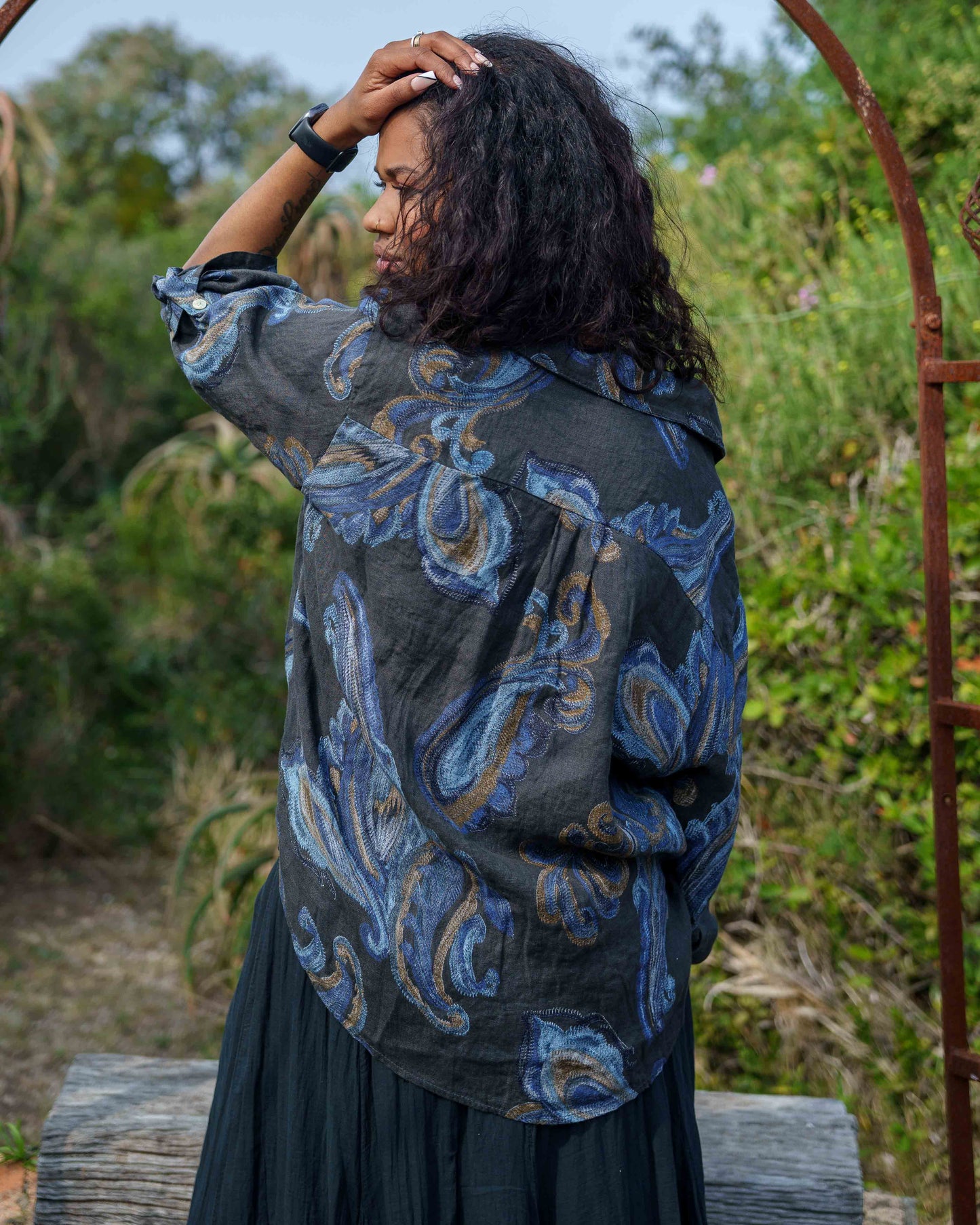 Paisley Swirl Linen Top | Midnight