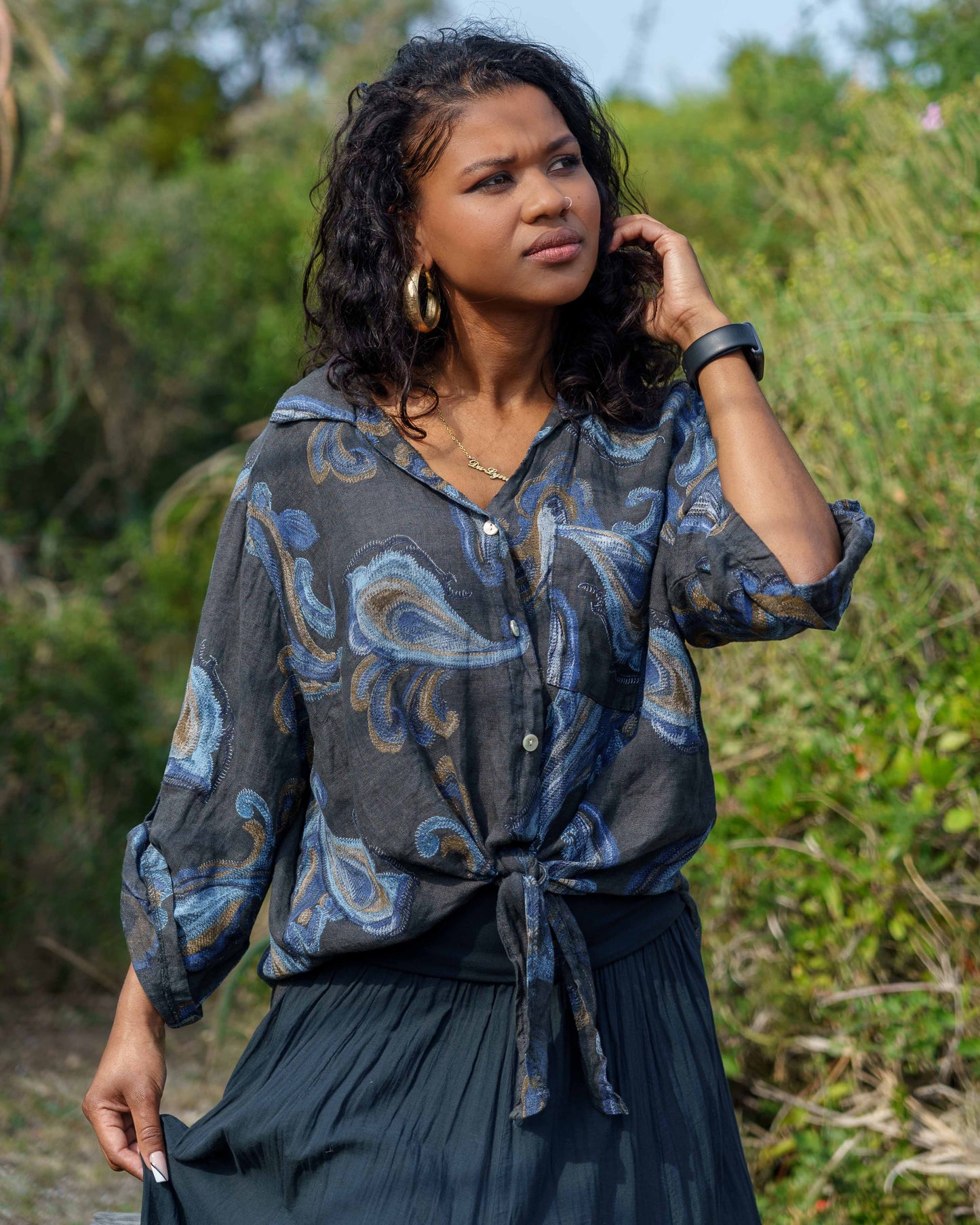 Paisley Swirl Linen Top | Midnight