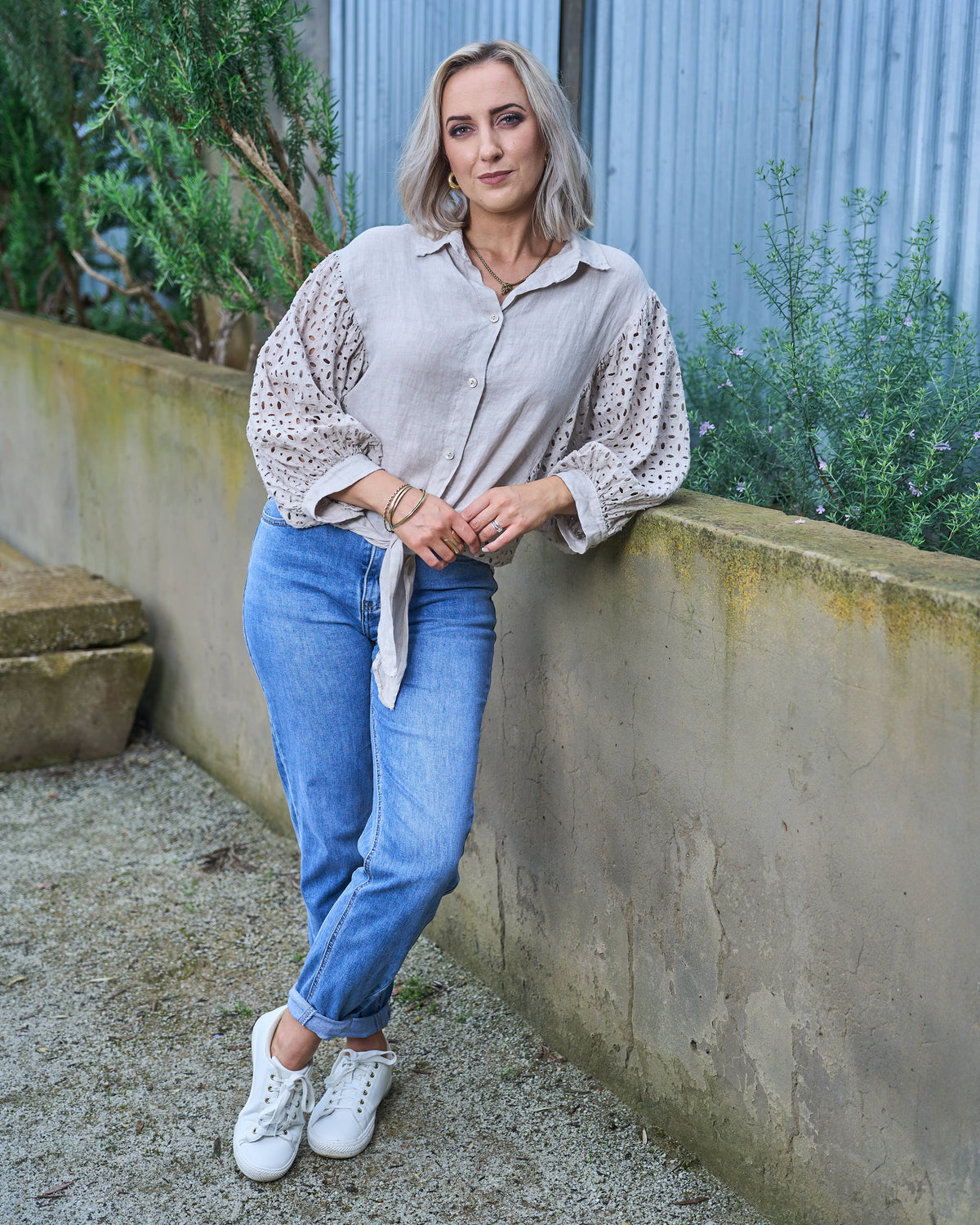 Anglaise Front Tie Linen Shirt | Beige