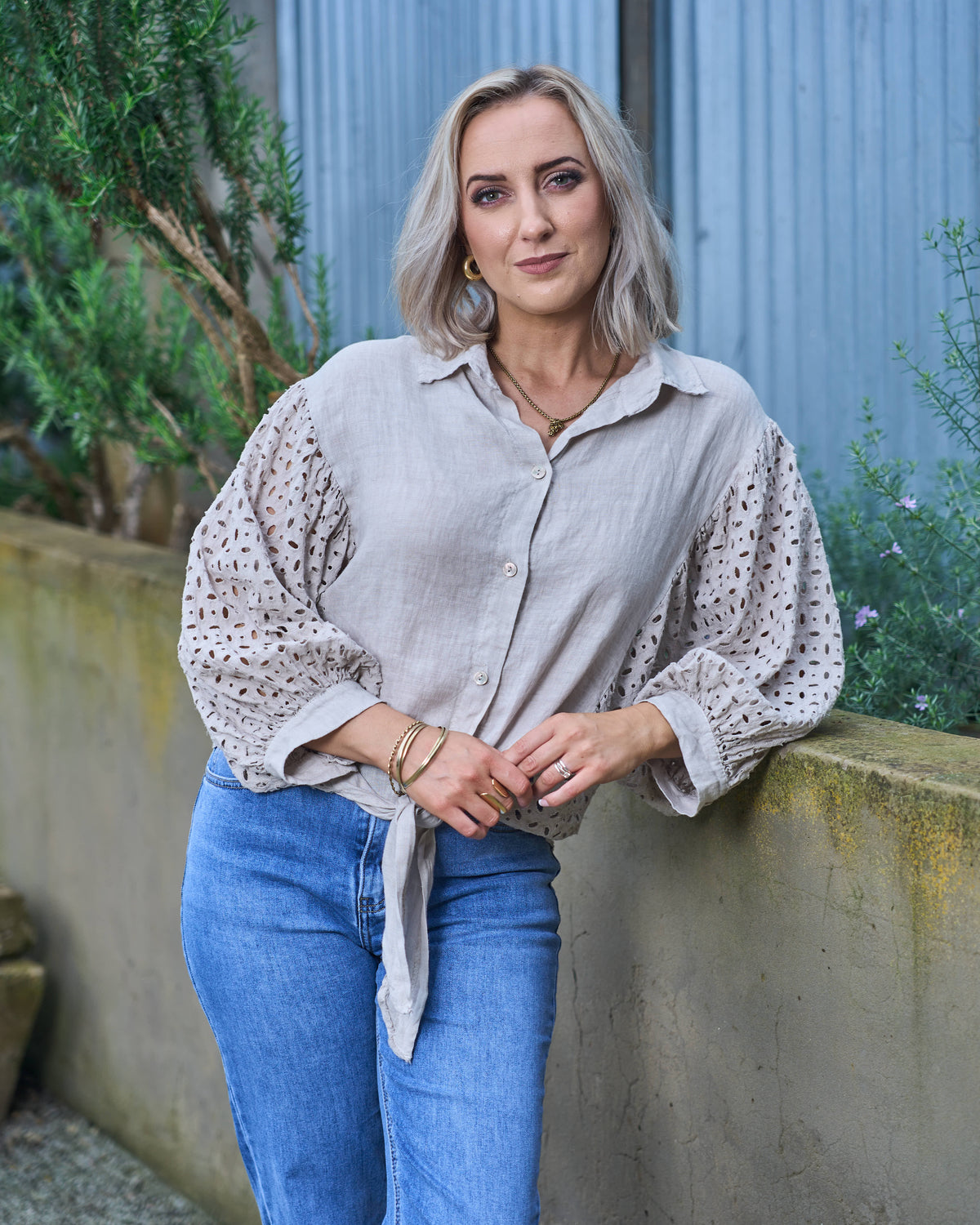 Anglaise Front Tie Linen Shirt | Beige