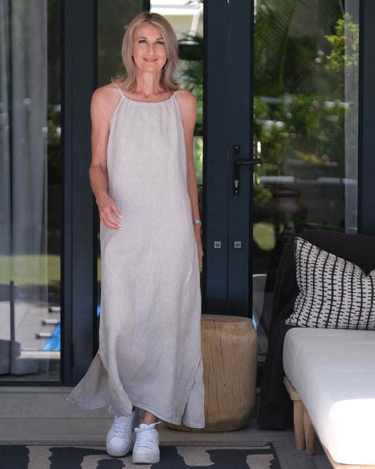 Breezy Strappy Linen Dress | Beige
