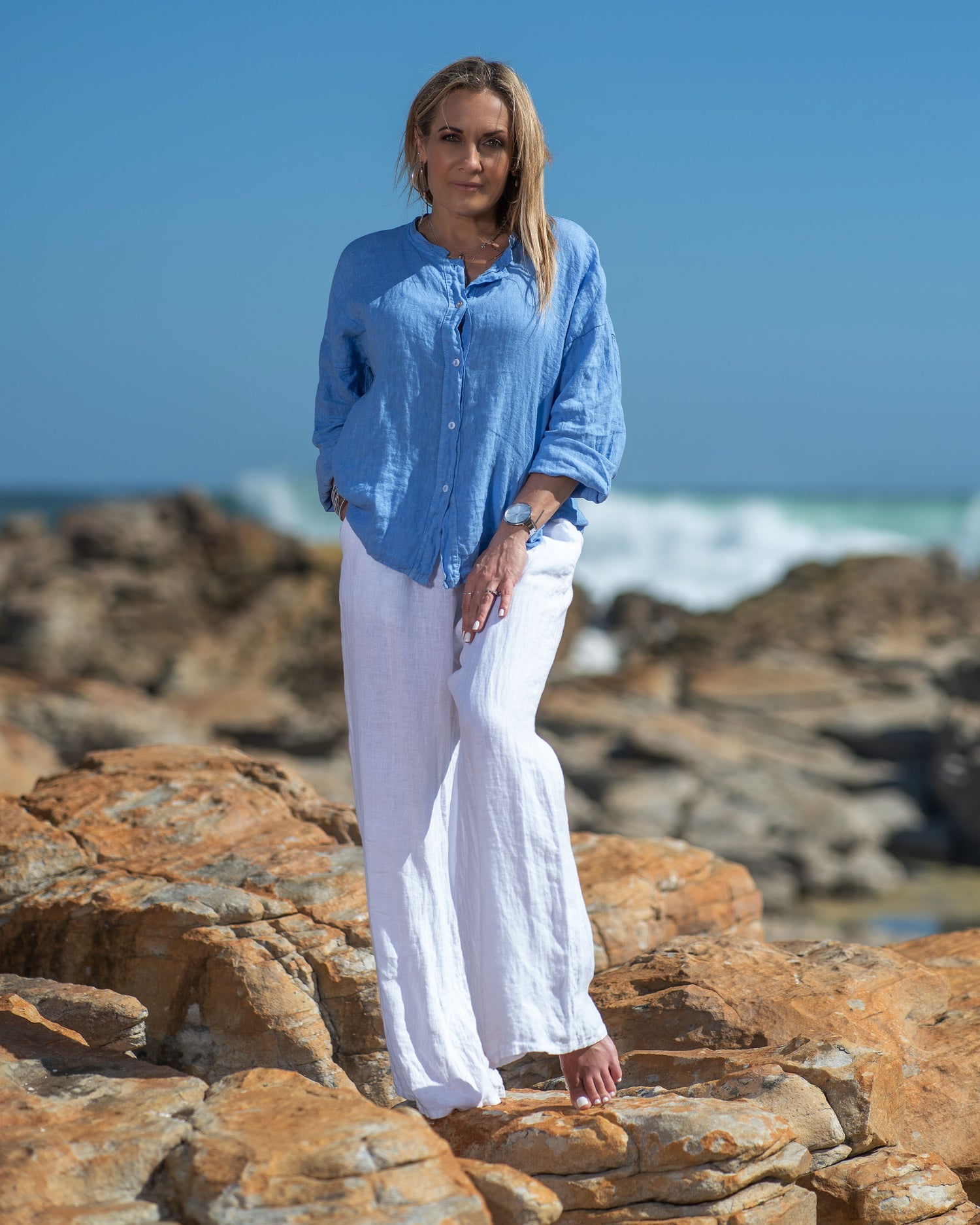 This beautiful linen top makes us all excited for summer, just around the corner! A celebration of delicate charm and timeless elegance. This top is designed to envelop you in the soft hues of summer and enhance your natural grace with its thoughtfully crafted design