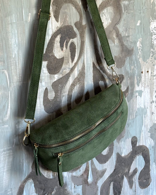 Moonlight Magic Double Zip Sling Bag | Suede Green