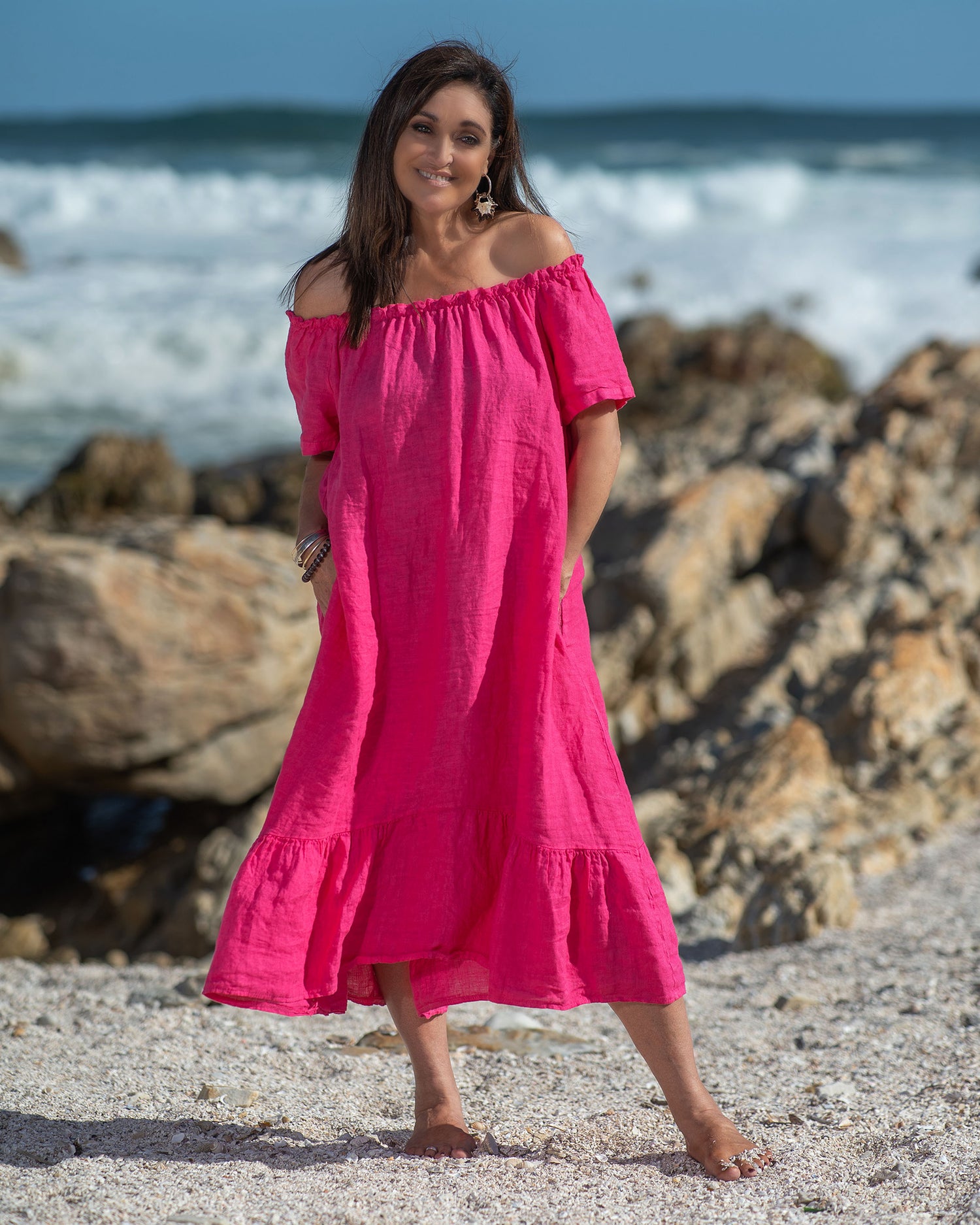 Olivia Off-Shoulder Linen Dress | Fuchsia