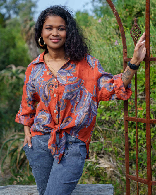 Paisley Swirl Linen Top | Rust