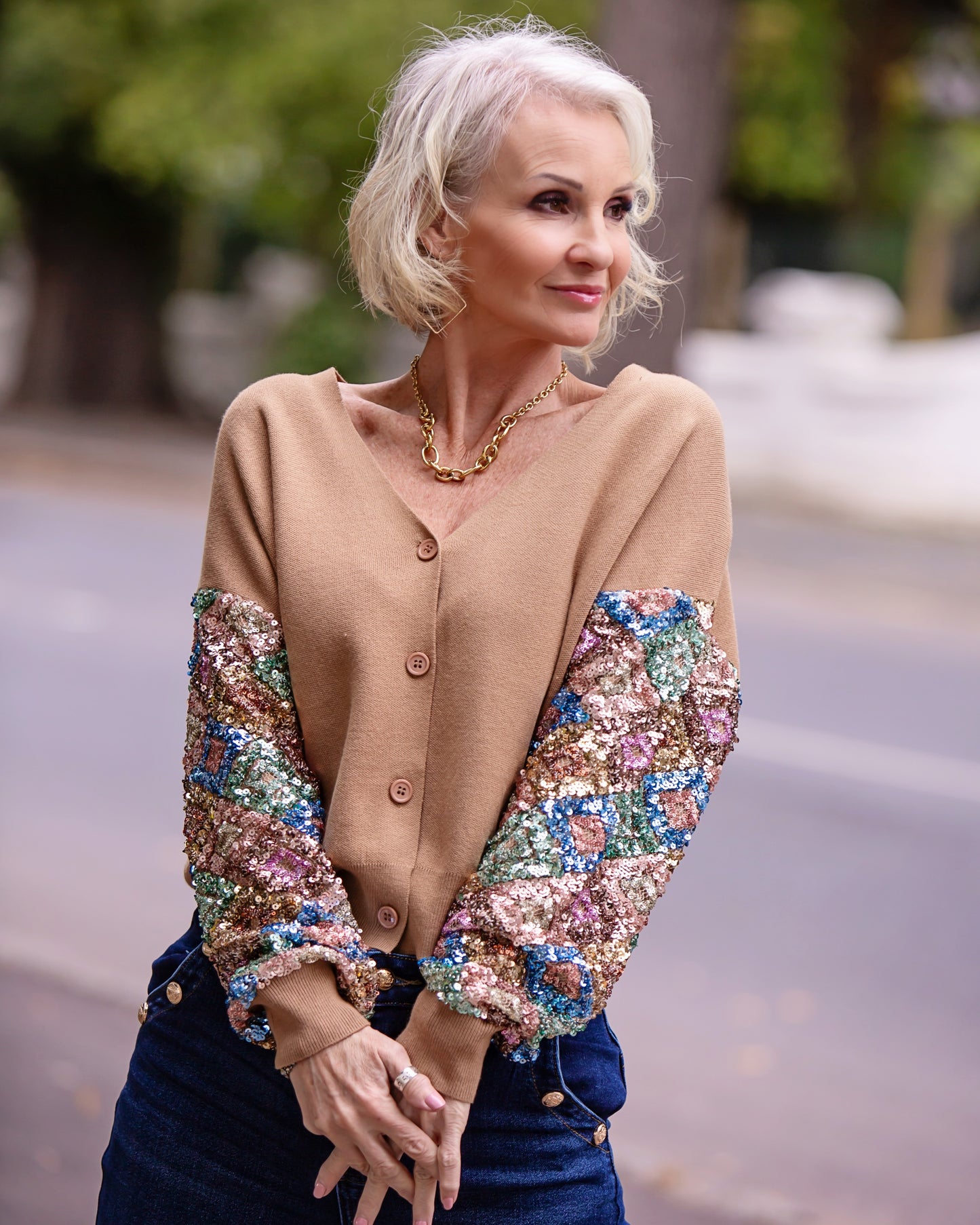 Sequin Story Cardigan | Camel