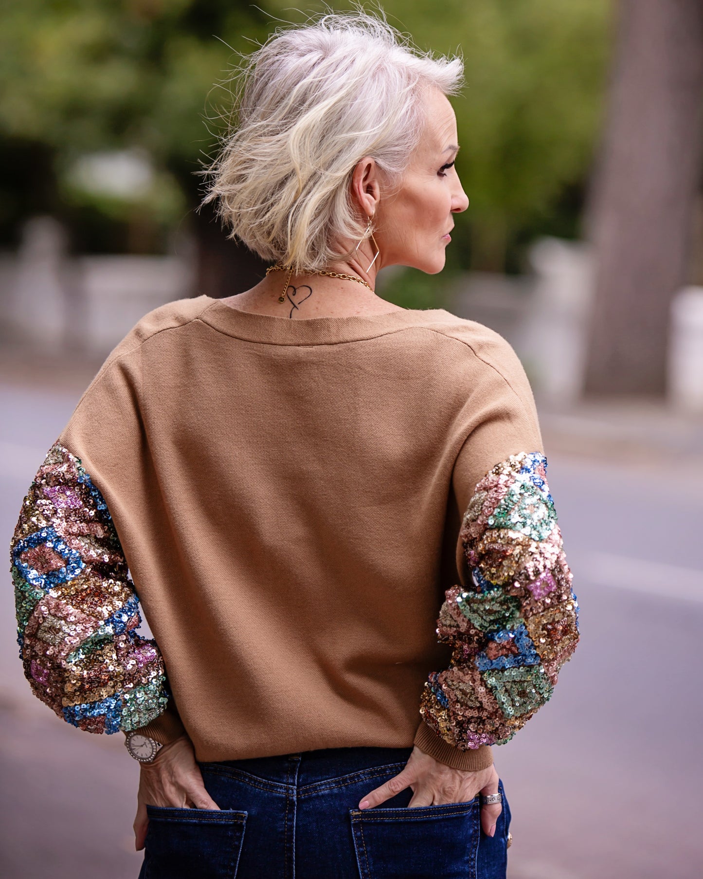 Sequin Story Cardigan | Camel