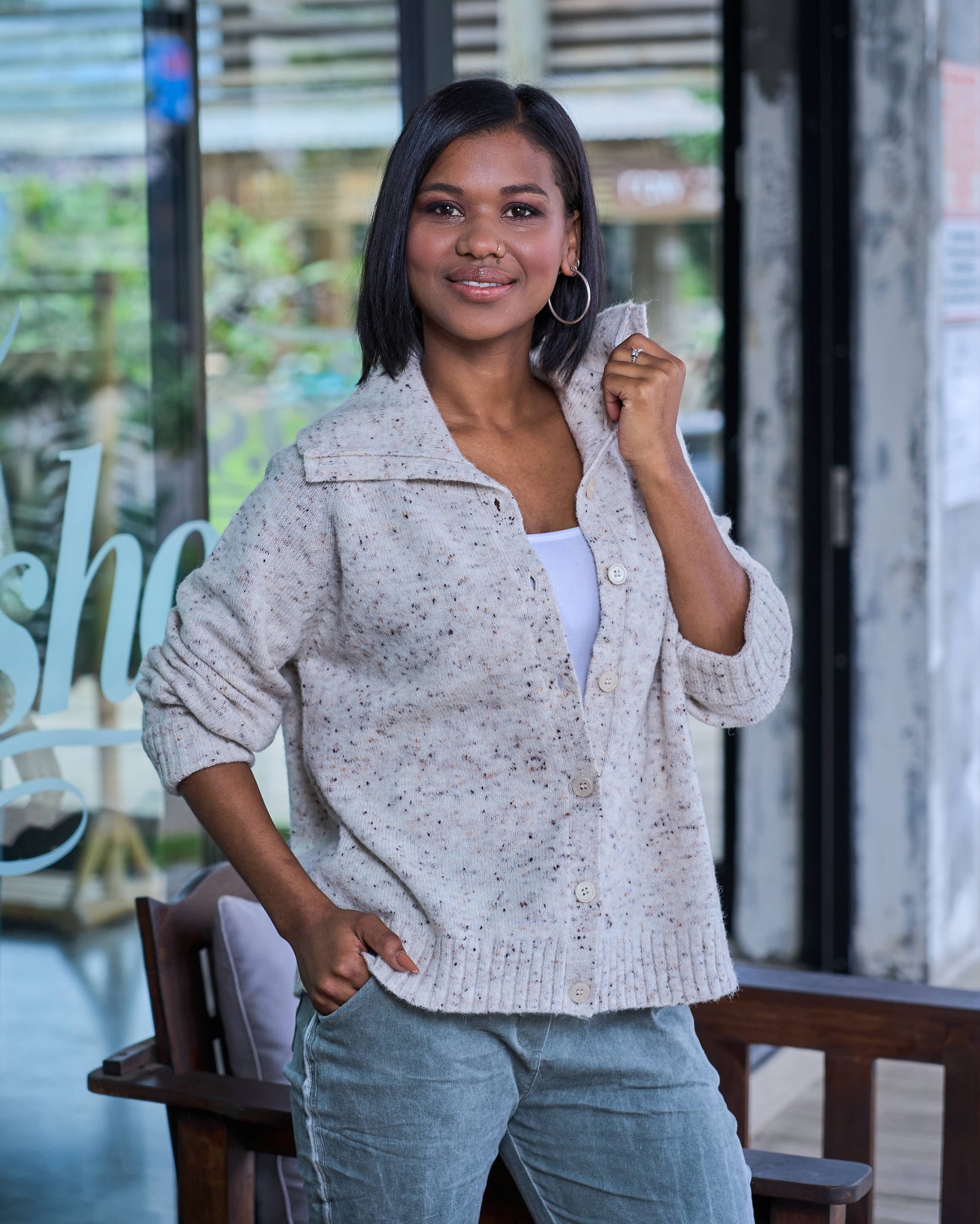 Soft Speckle Button Knit | Beige