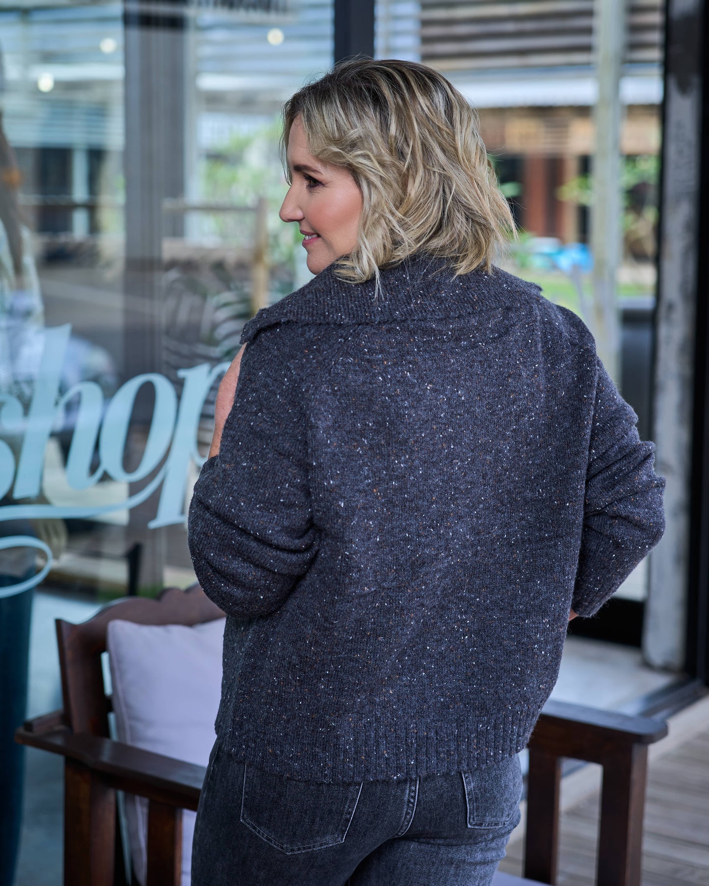 Soft Speckle Button Knit | Dark Grey