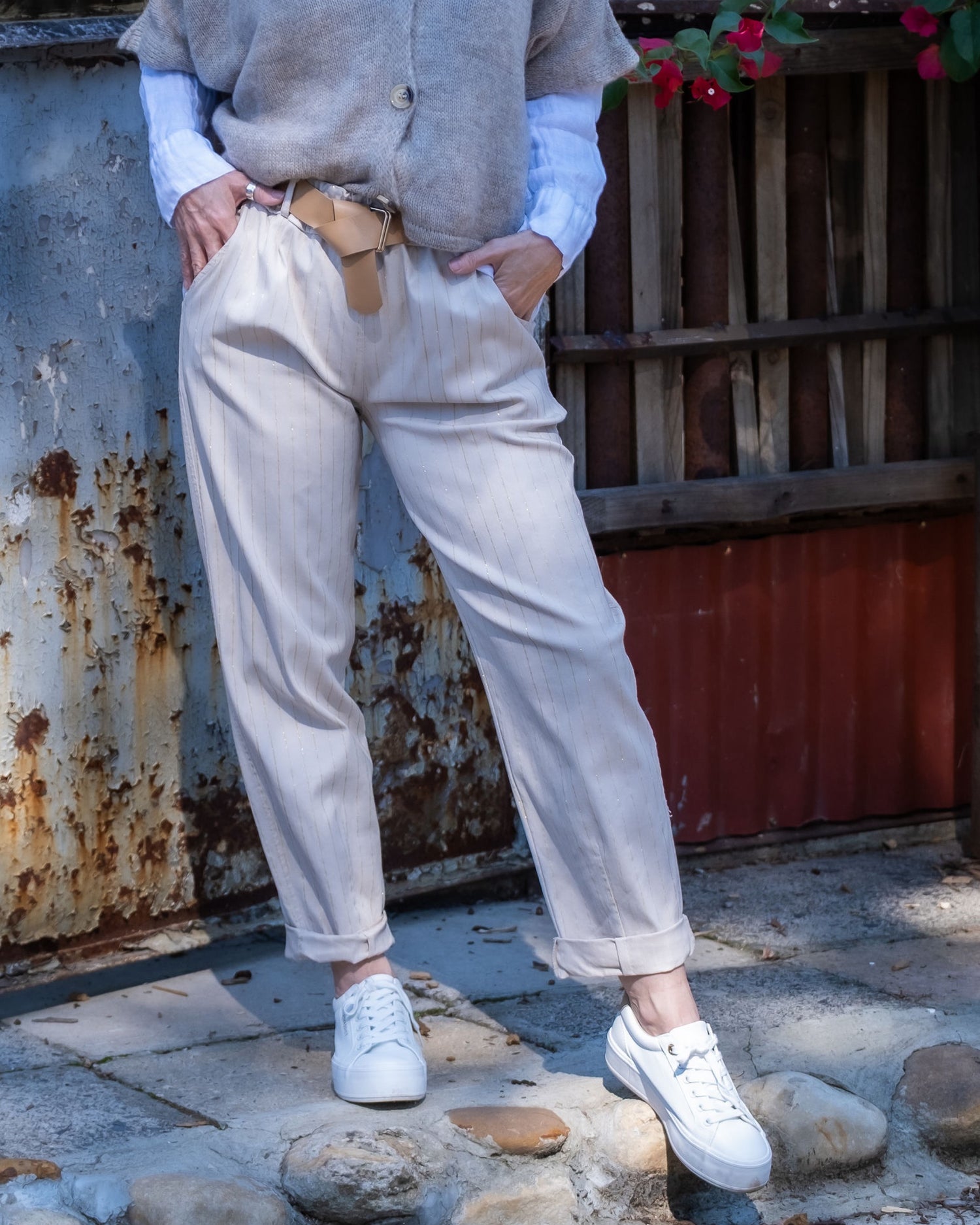 Stripe & Stride Belted Pants | Beige