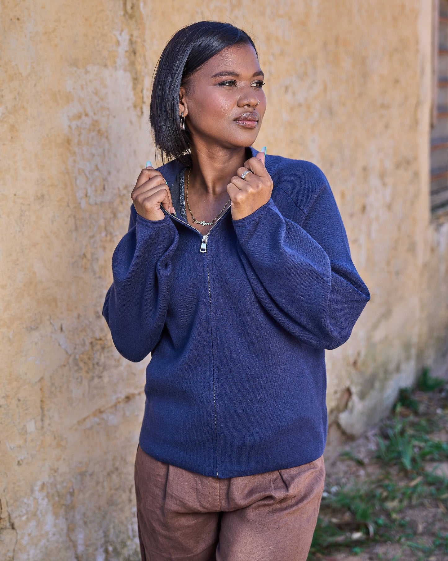 Zip Knitted Cardigan | Navy